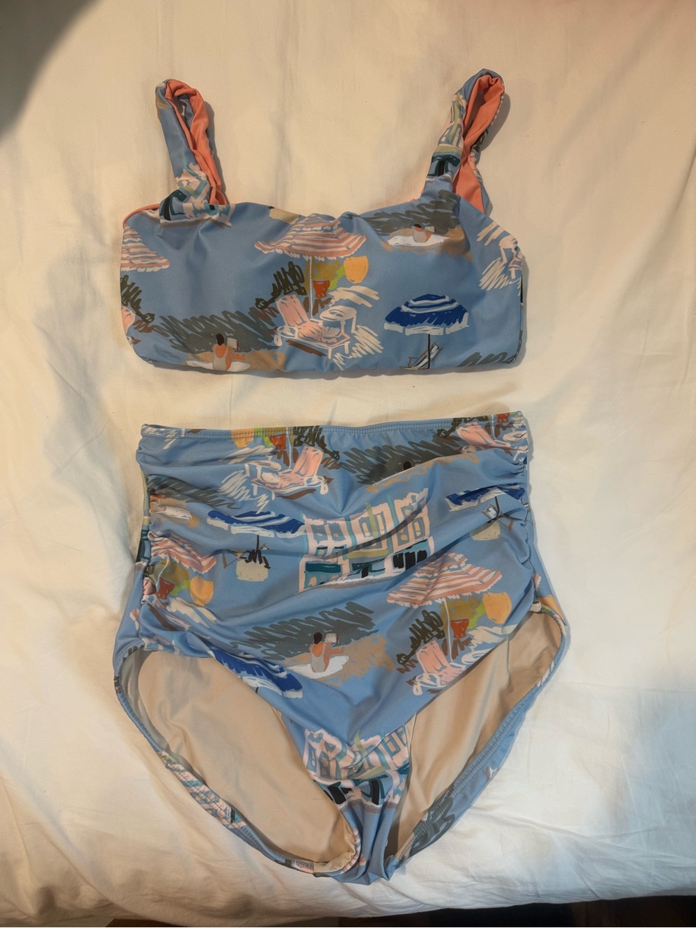 Hermoza Light Blue Beach Print High-Waist Bikini Set